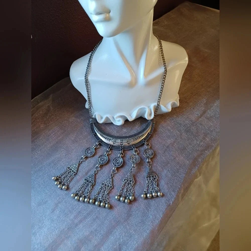 Silver Boho Fringe Coin Charm Pendant Bib Choker Necklace